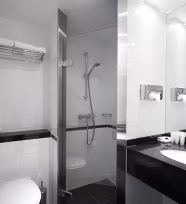 Modern bathroom with a glass-enclosed shower, a white toilet beside it, a sink with a black countertop, and a mirror above. Towels are neatly placed on a wall rack and bathroom amenities are arranged beside the sink.
