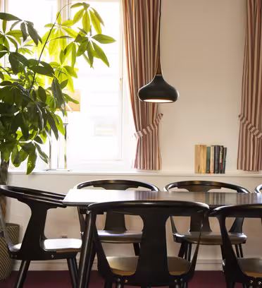 Dining room with a dark wooden table surrounded by matching chairs. A large potted plant is near the window with red and white striped curtains. Pendant lights hang overhead, and a vase of red roses and some books sit on the table.